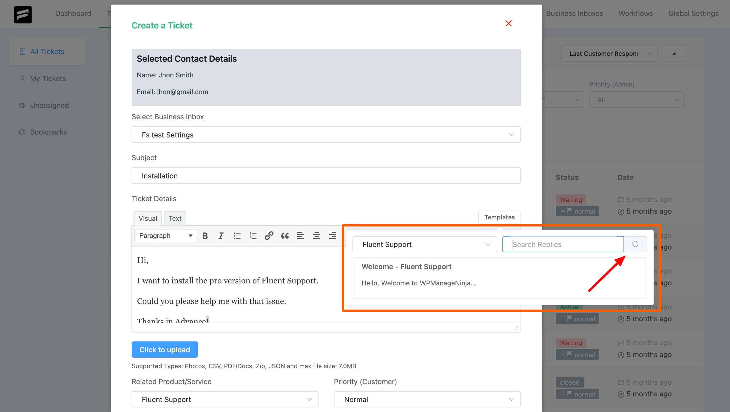search from ticket replies and use it to create a new ticket on behalf of customer