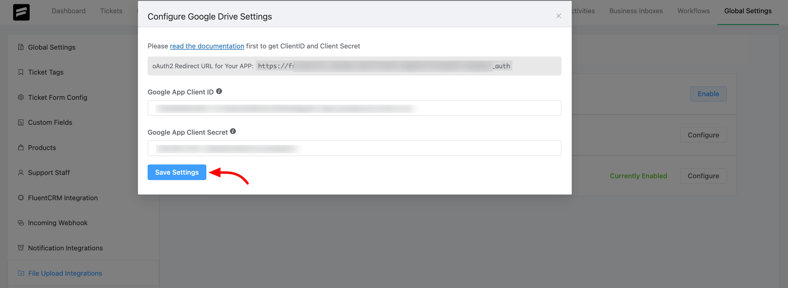 Configure Google Drive Settings - Save Settings - Integration with Fluent Support