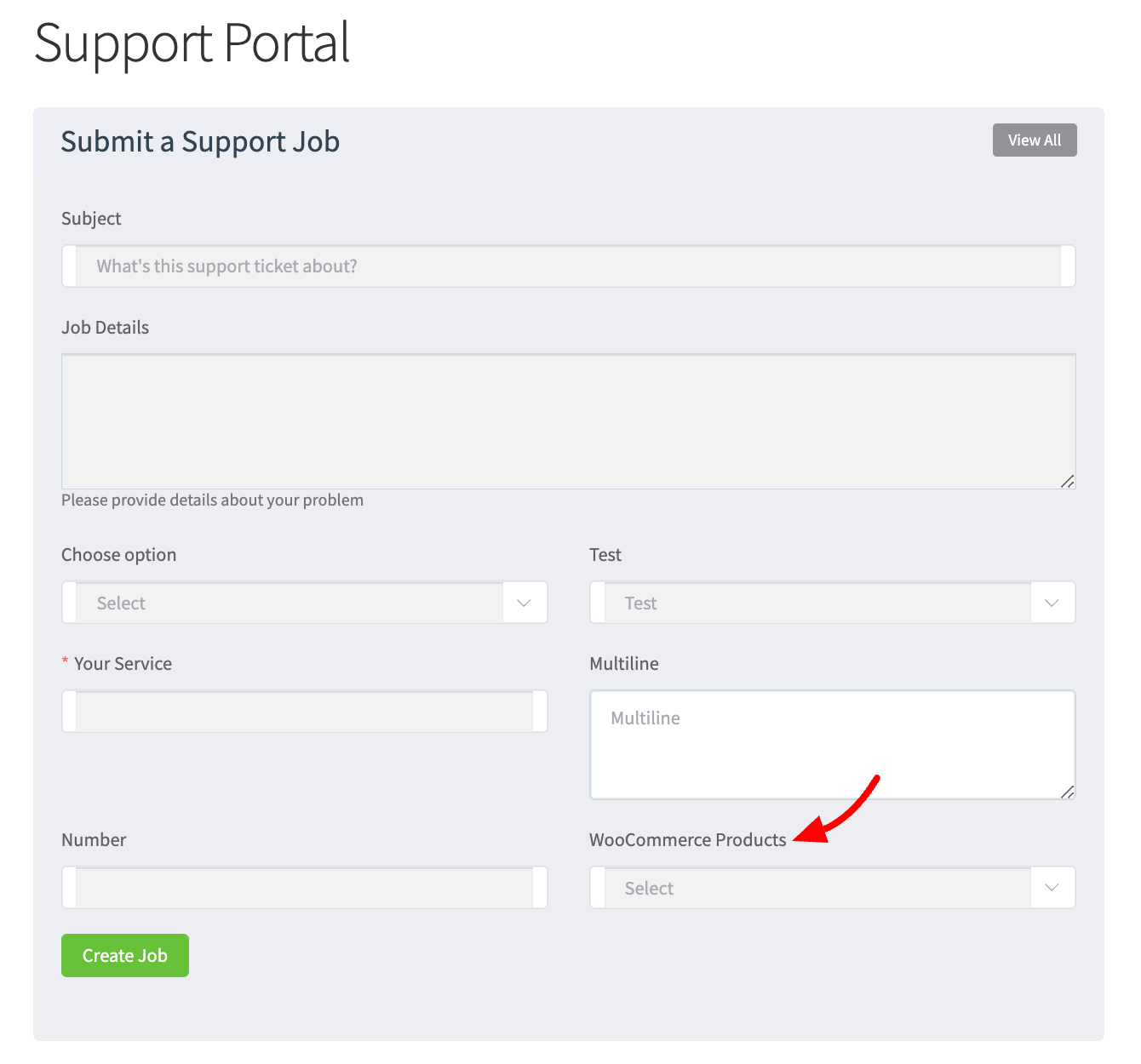 Support Portal - Submit a support job - WooCommerce Products - Fluent Support 