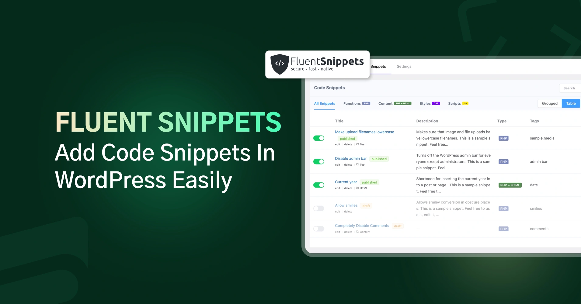 Fluent Snippets code snippets plugins