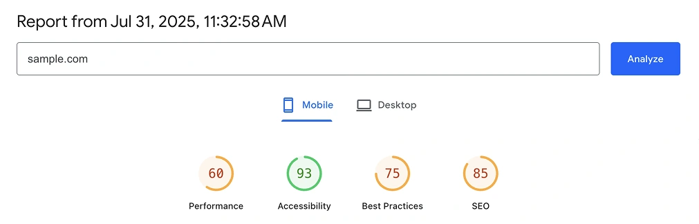 Google pagespeed insights, detailed report, seo score, accessibility, performance, best practice