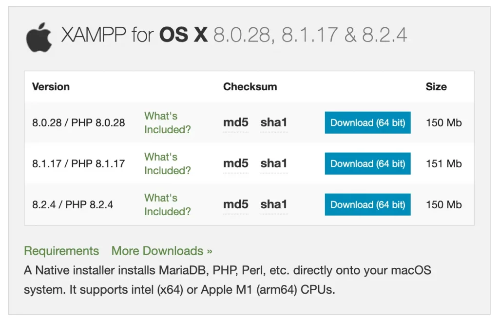 Website of XAMPP download for Mac