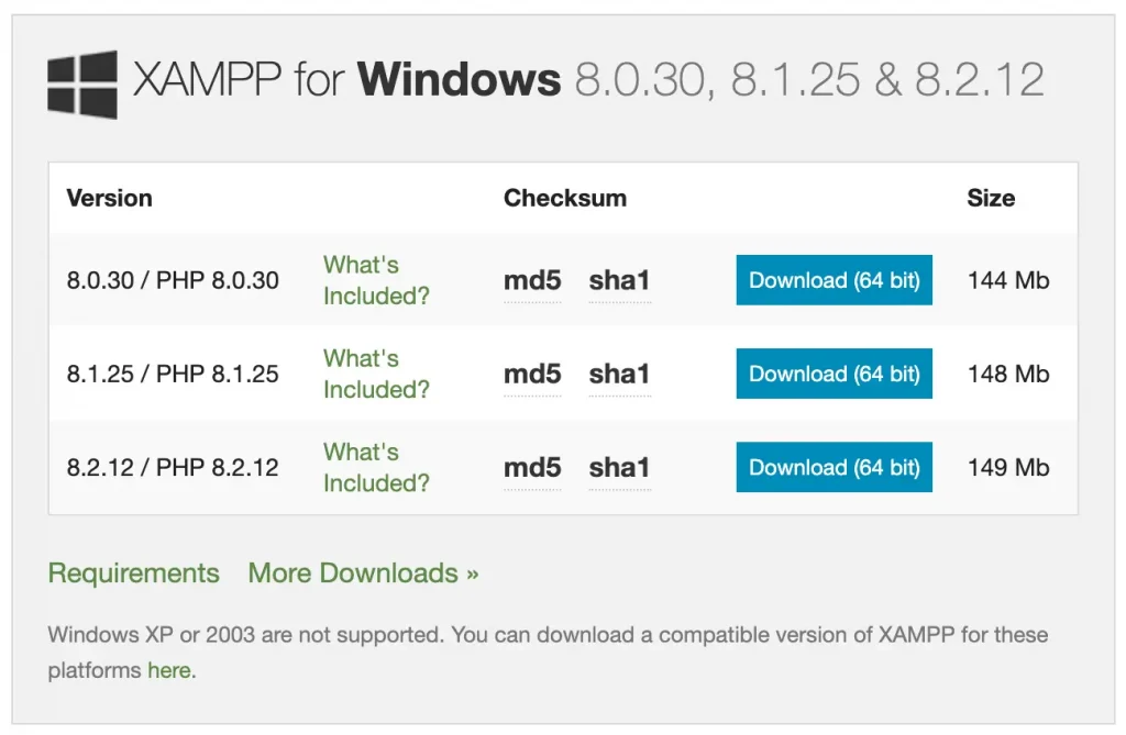 Windows XAMPP download for phpMyAdmin installation