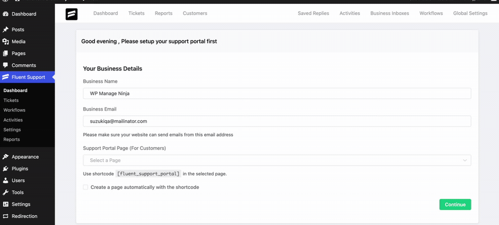 Automatically created Support portal in a separate page