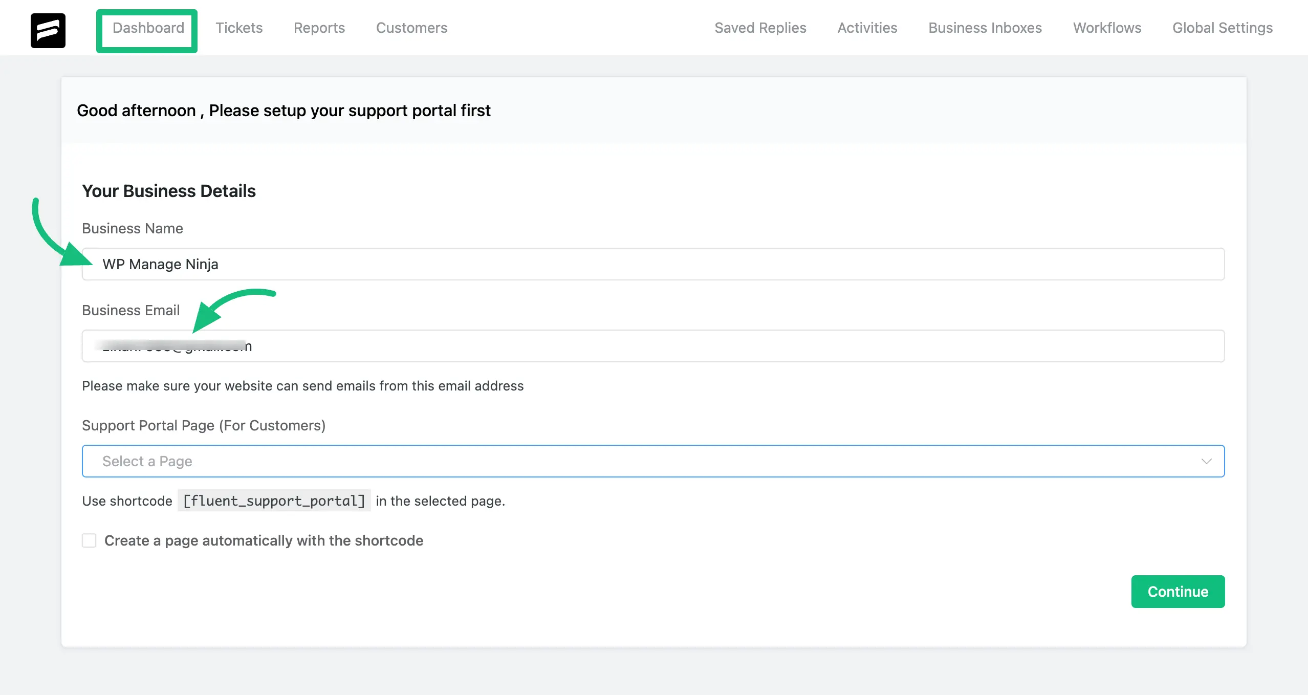 Business details for Fluent Support Portal