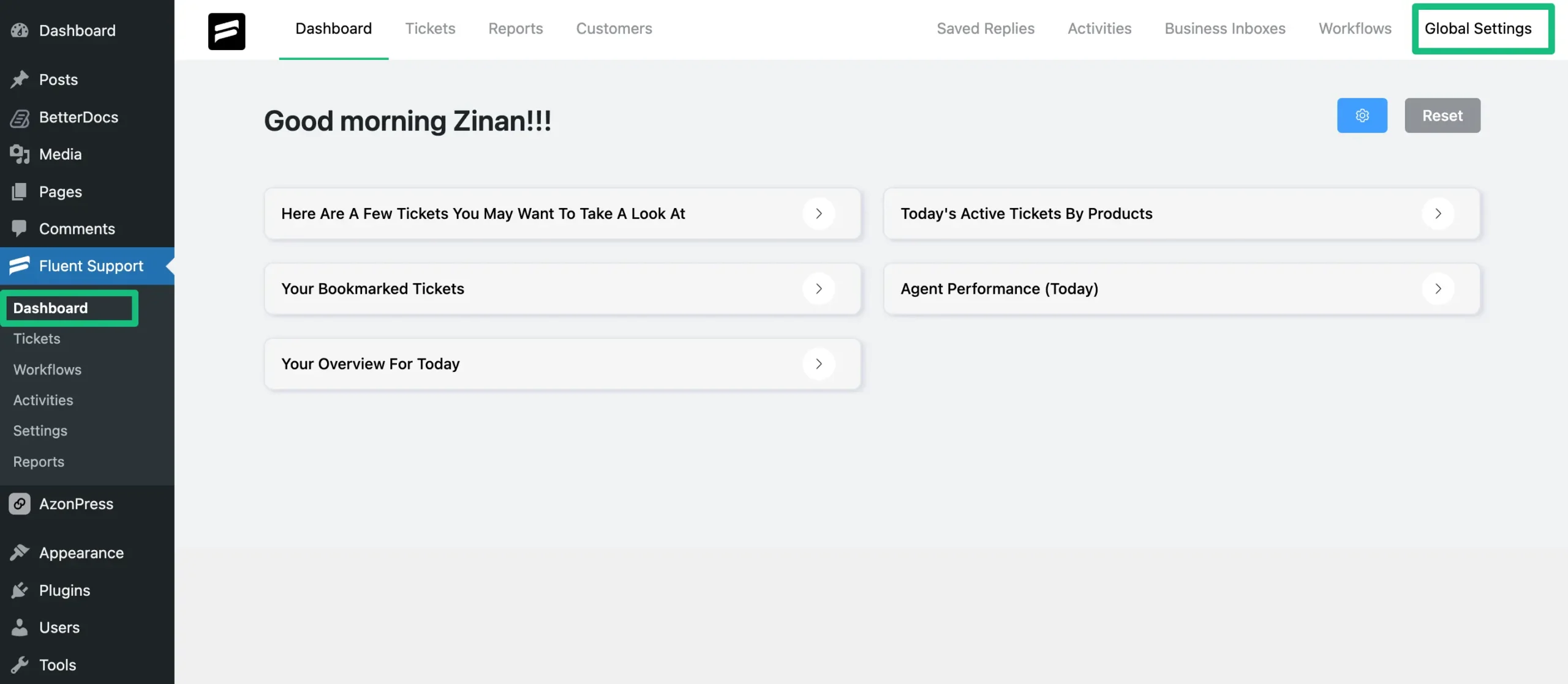 Global Settings from Fluent Support's Dashboard