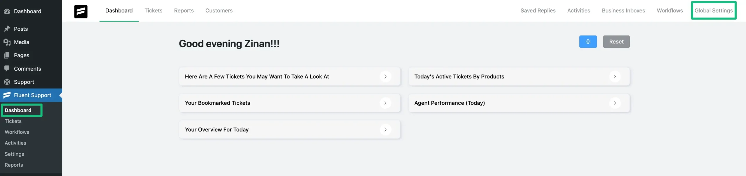 Global Settings of Fluent Support Dashboard