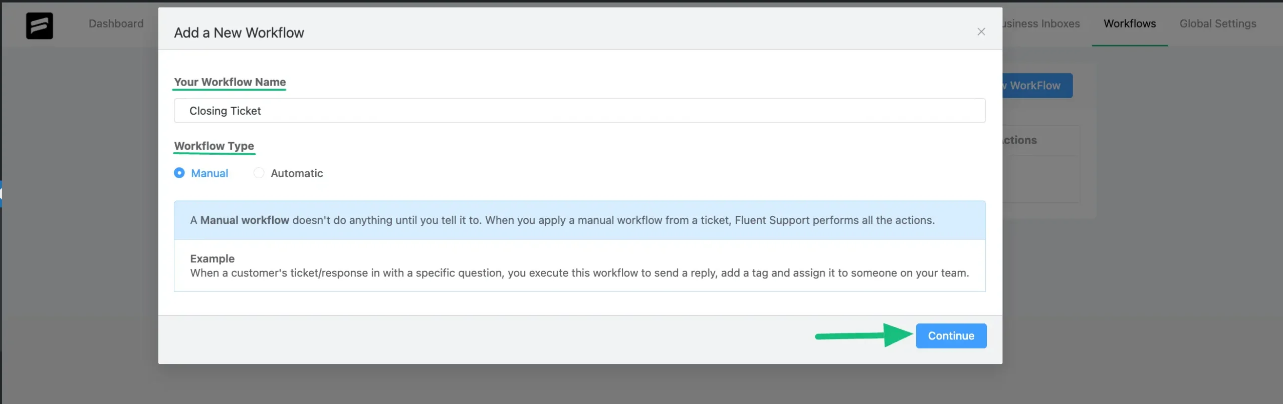Popup page for adding a new workflow
