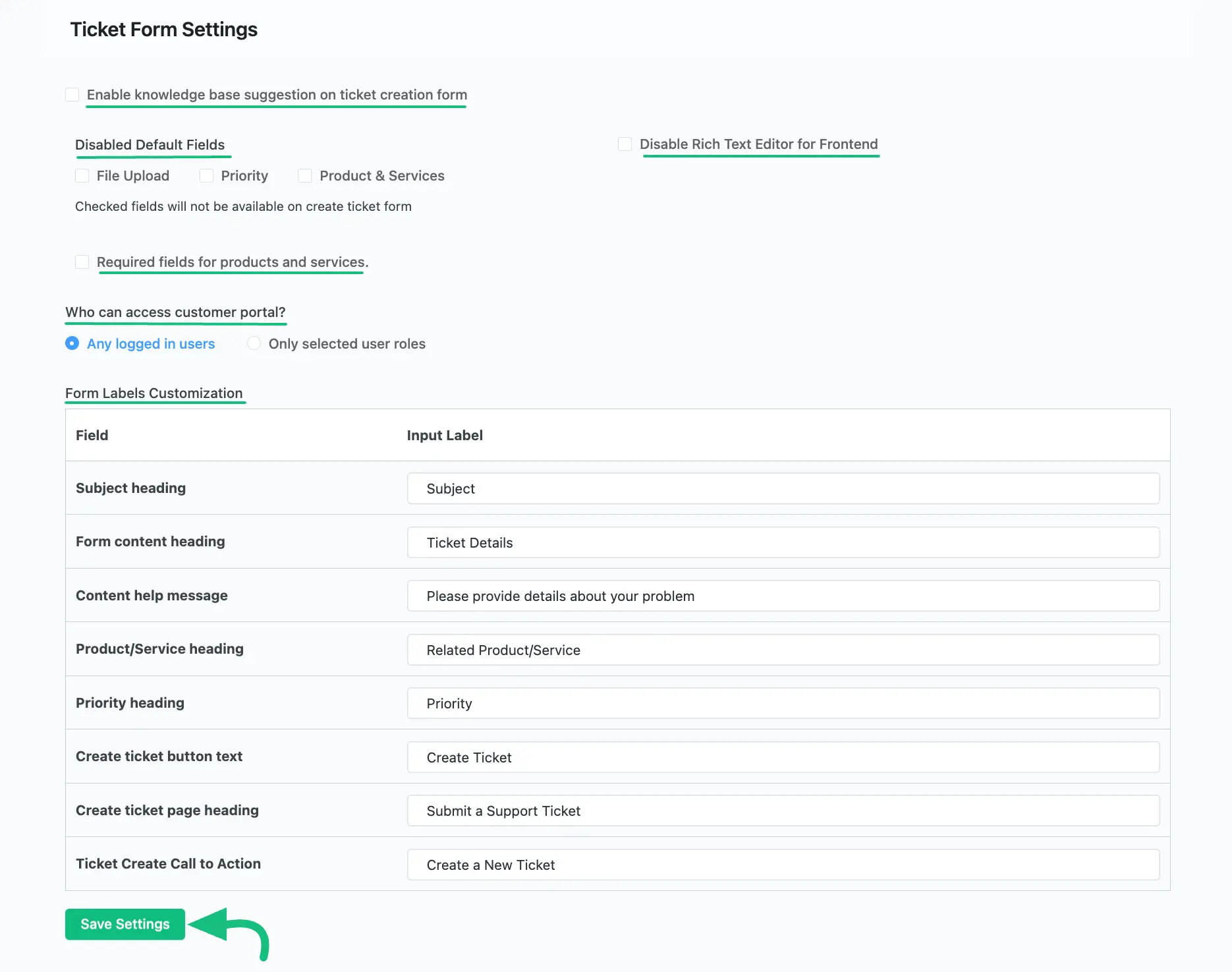 All setting options for Ticket Form Customization