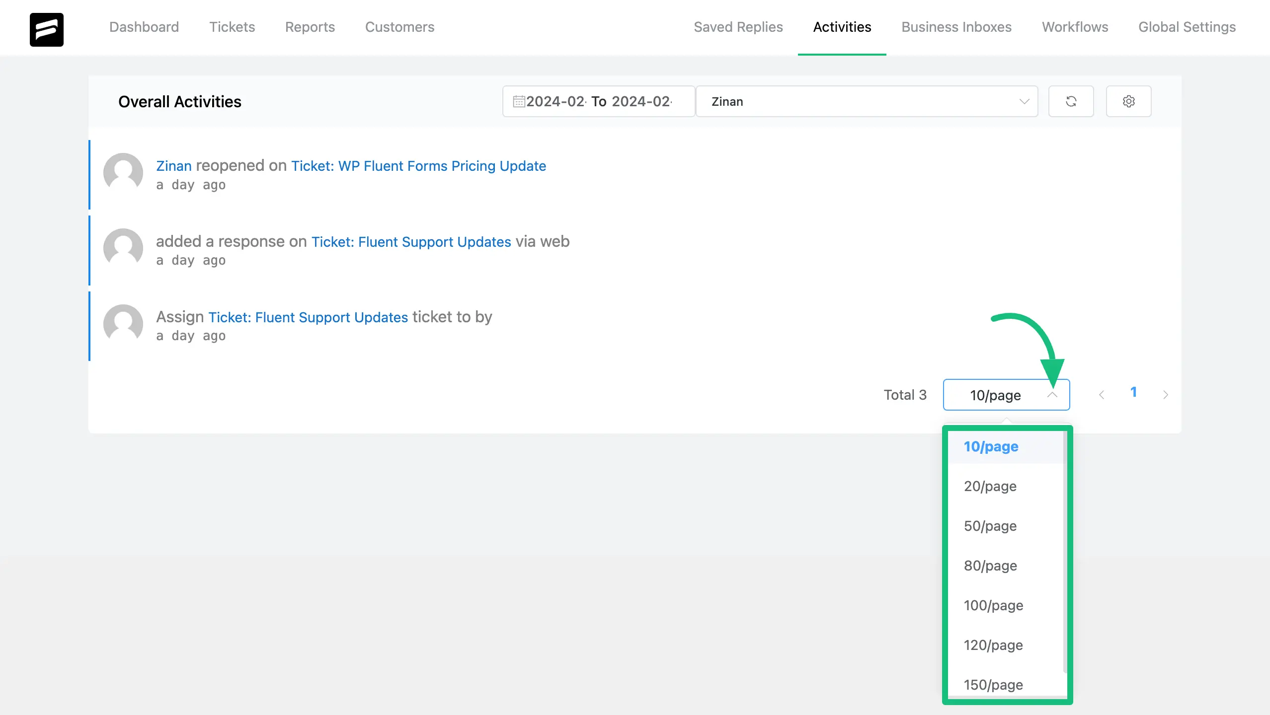 Pagination option for managing activities of Fluent Support