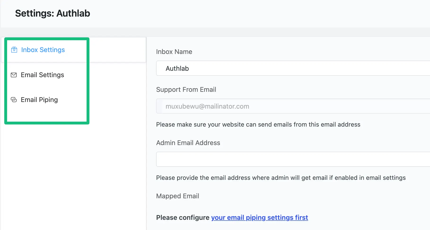 Three types of email-based settings in Business Inbox