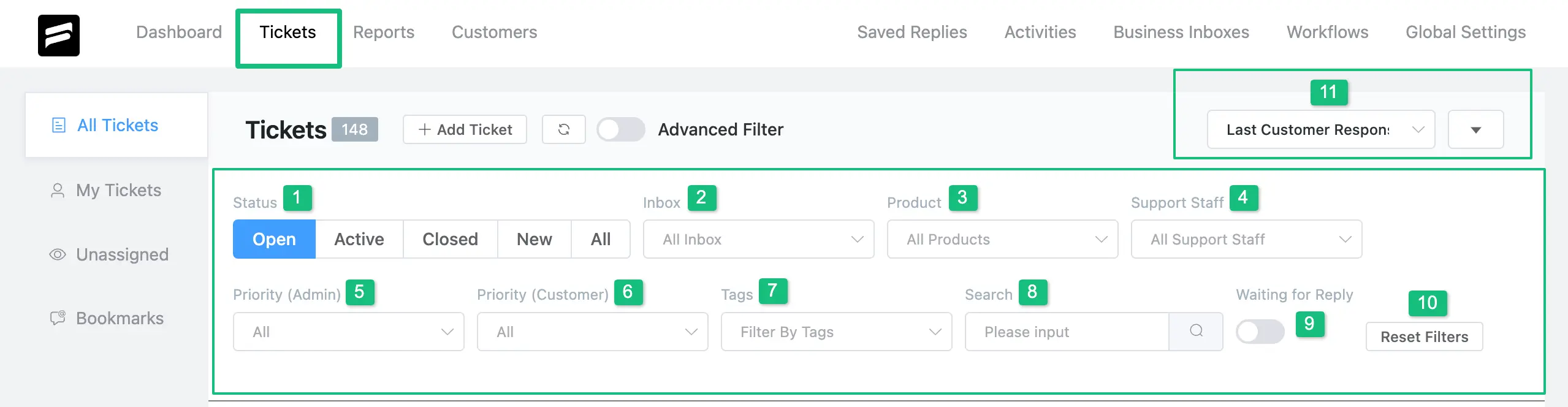 All setting options inside a Ticket