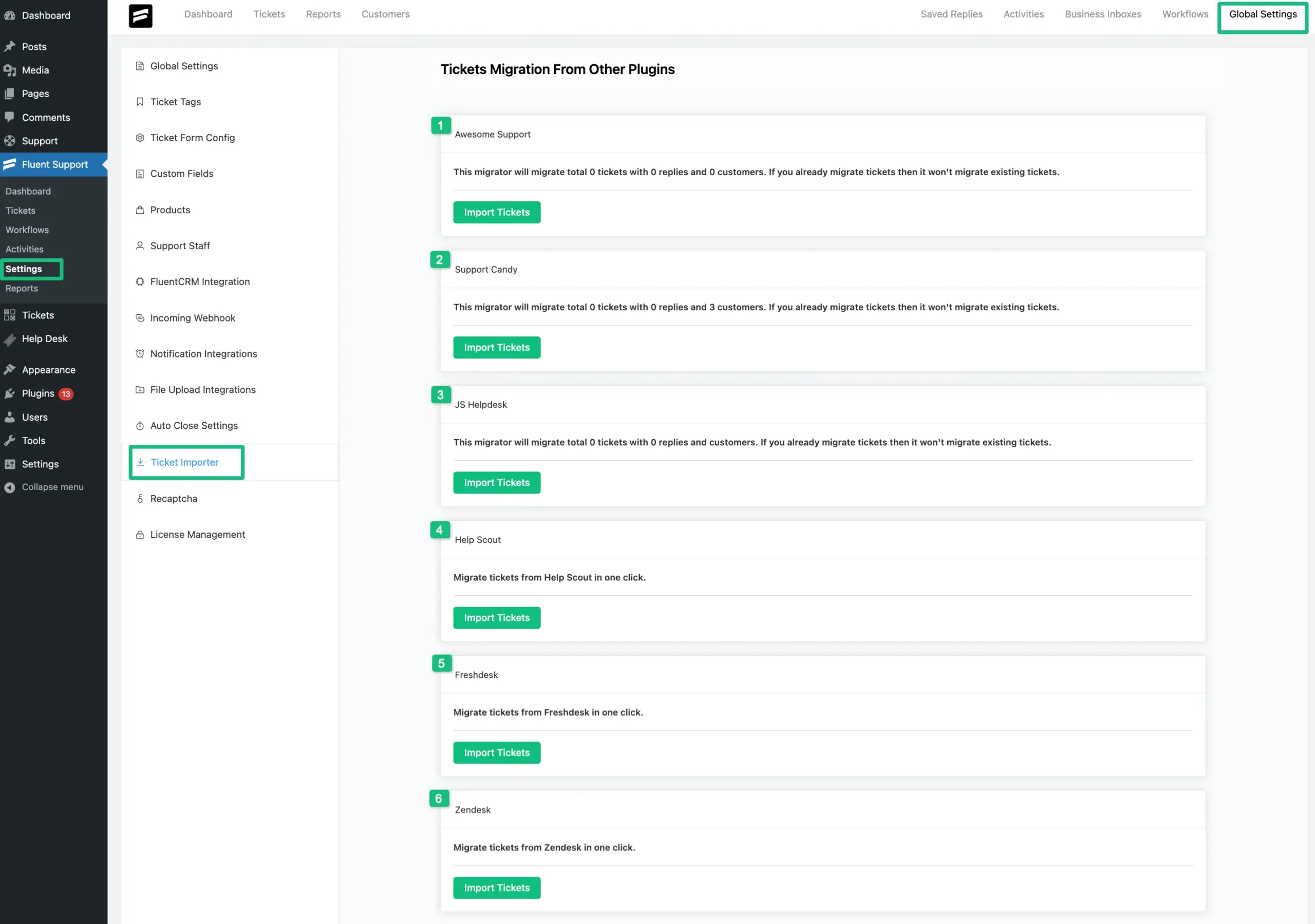 All Ticket Importer's options from Global Settings under Fluent Support Dashboard