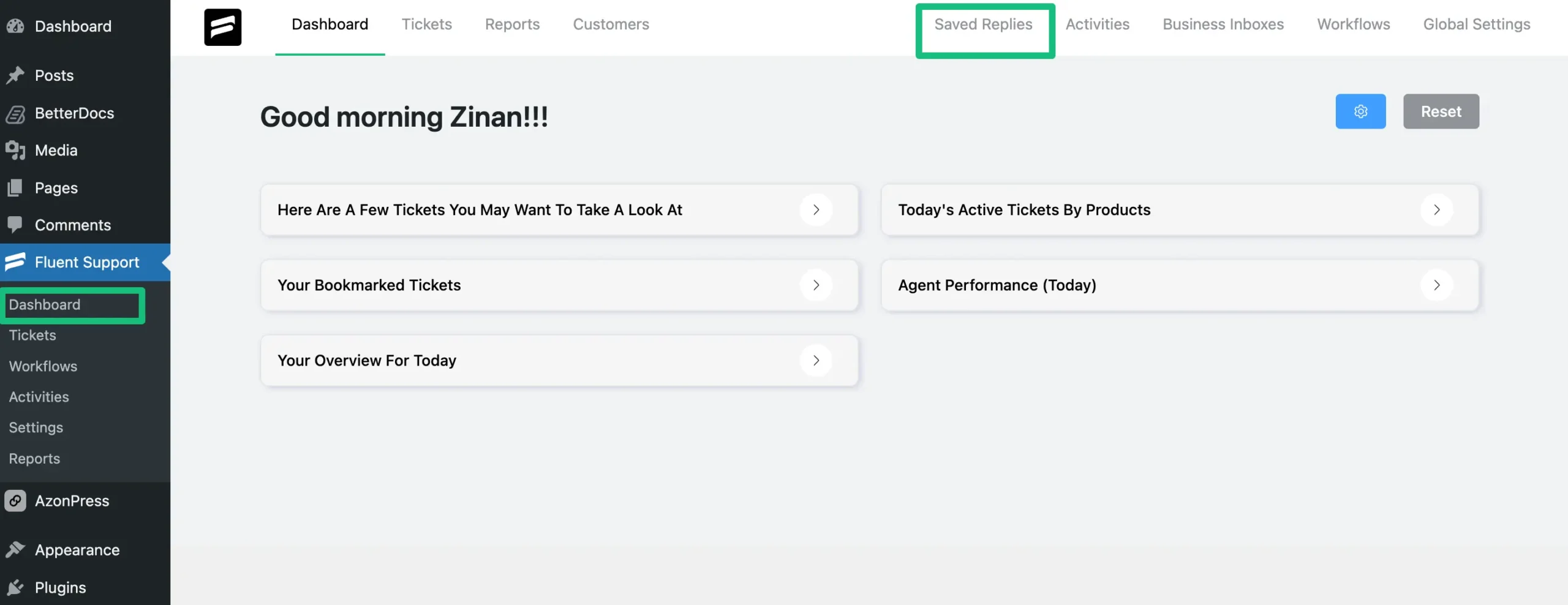 Saved Replies from Fluent Support Dashboard