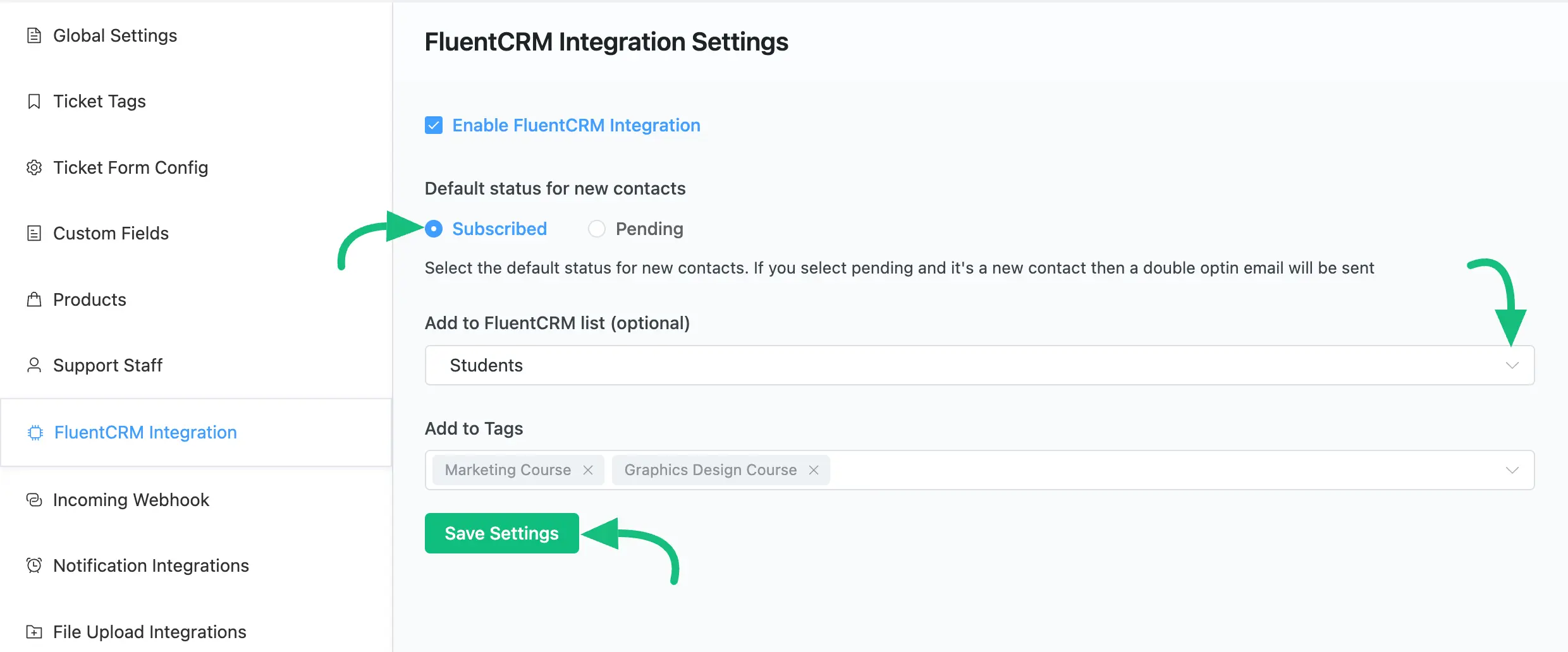 Fluent CRM Integration Settings options