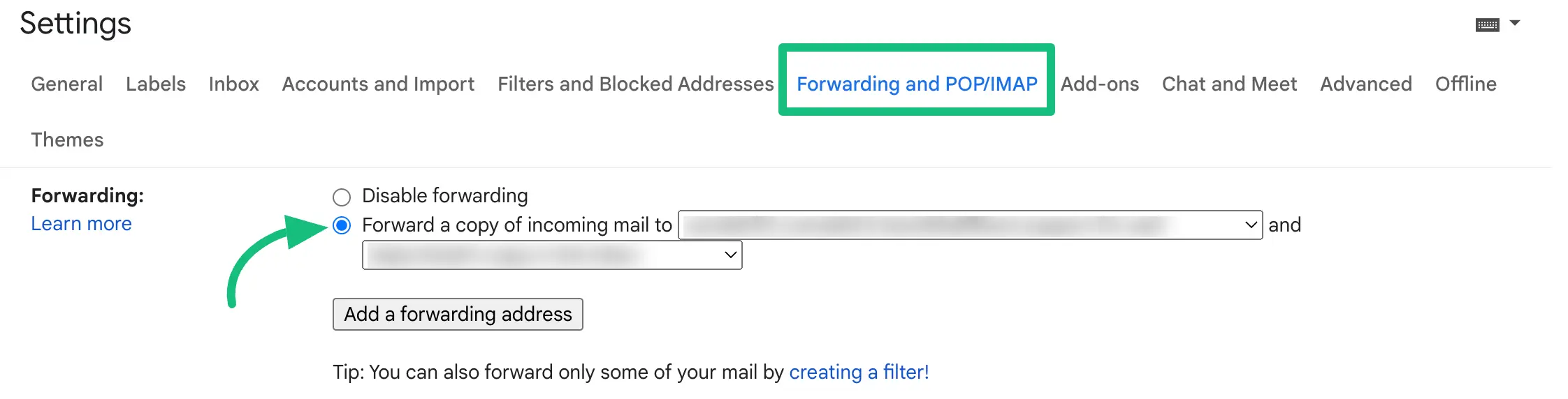 Enable Forwarding a copy of incoming mail to option