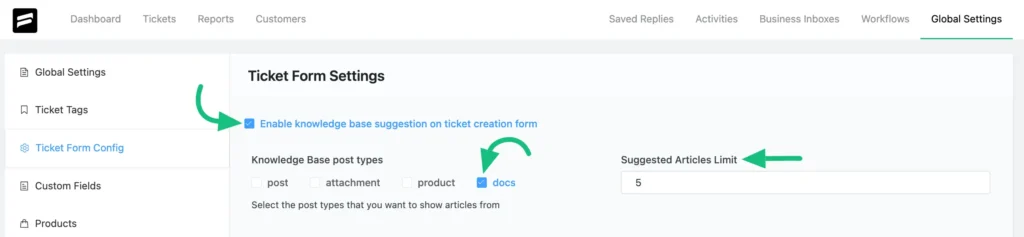 Enable knowledge base suggestion on the ticket creation form box