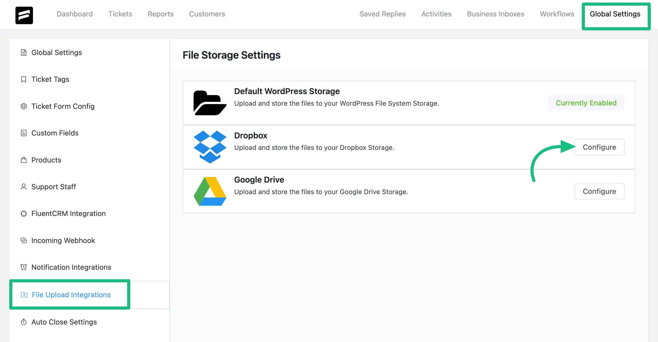 Dropbox Configure option from Fluent Support dashboard