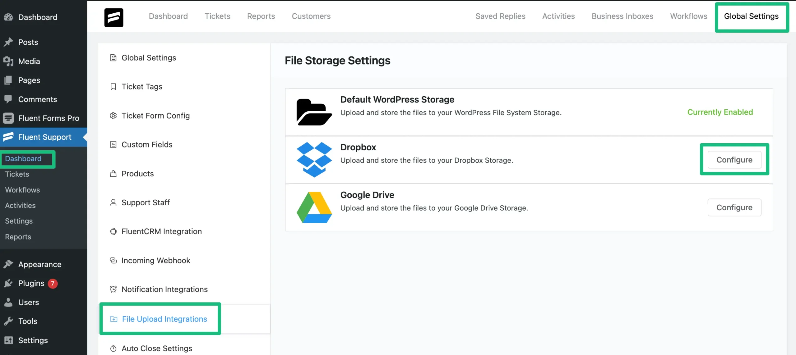 Dropbox Configure option from Fluent Support dashboard