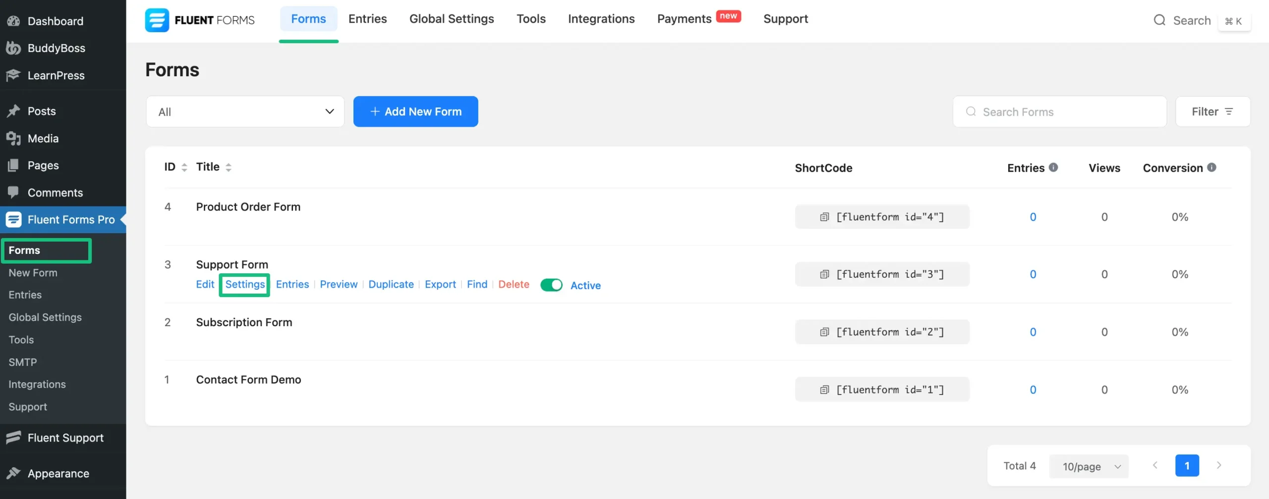 Settings of a particular form