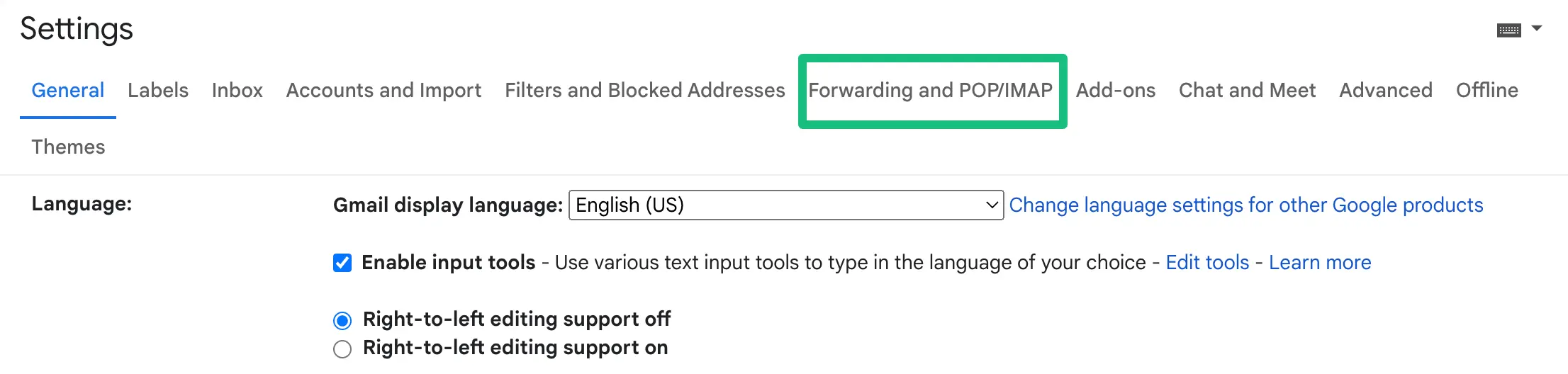 Open Forwarding and POP/IMAP tab