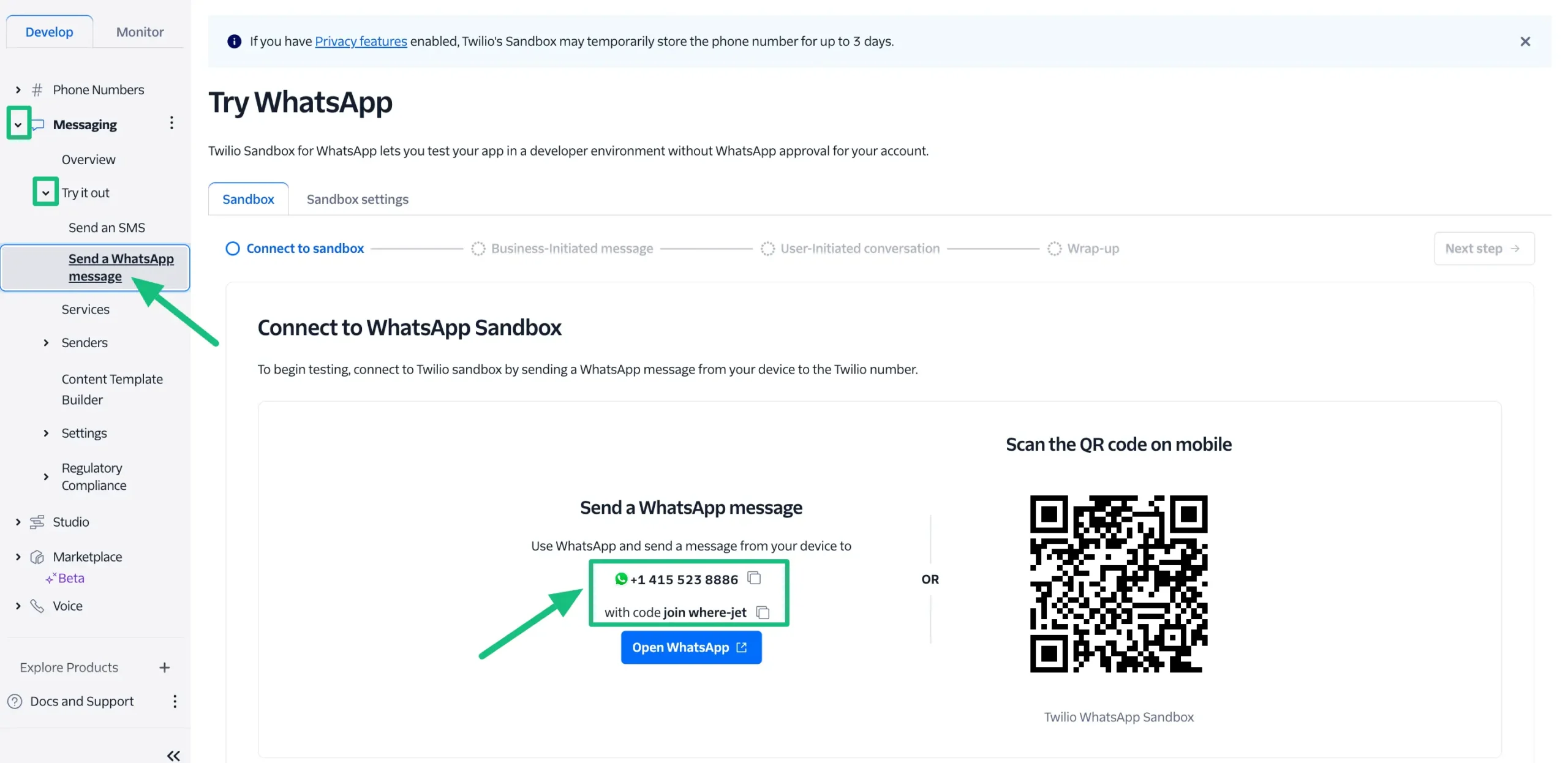 WhatsApp Number from Send a WhatsApp message under Twilio