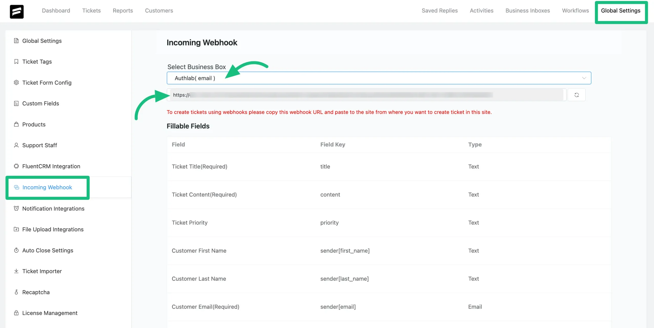 Incoming WebHook from Global Settings under Fluent Support dashboard