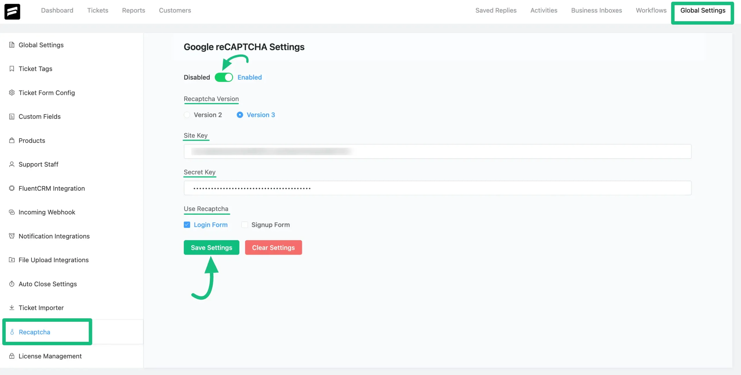 Configure reCAPCHA into Fluent Support