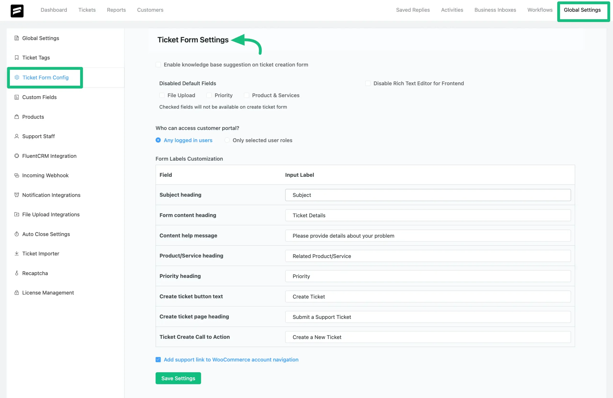 Ticket Form Settings from Fluent Support dashboard