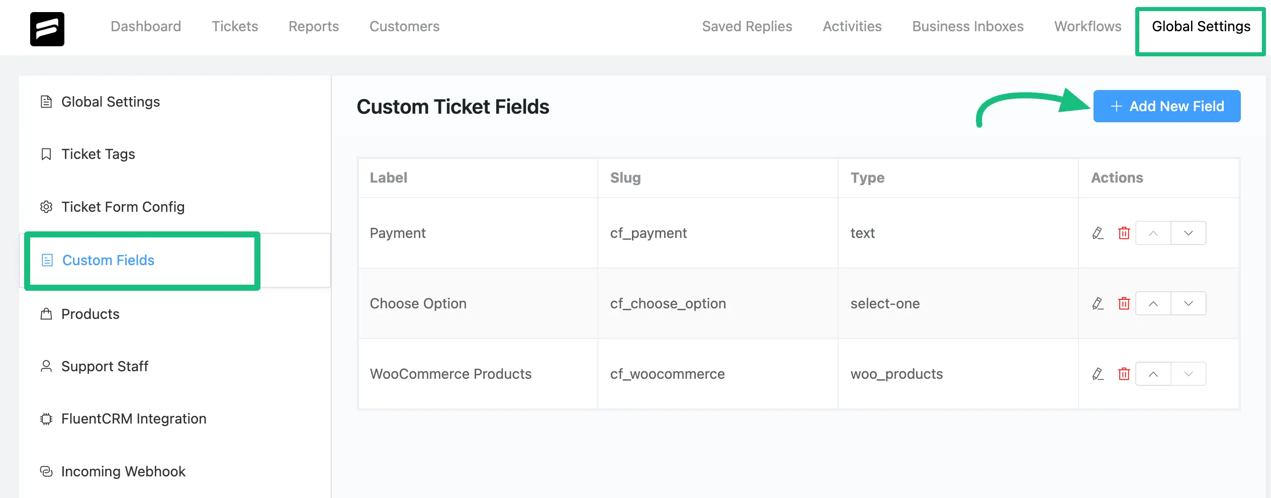 Custom Fields from Global Settings under Fluent Support dashboard