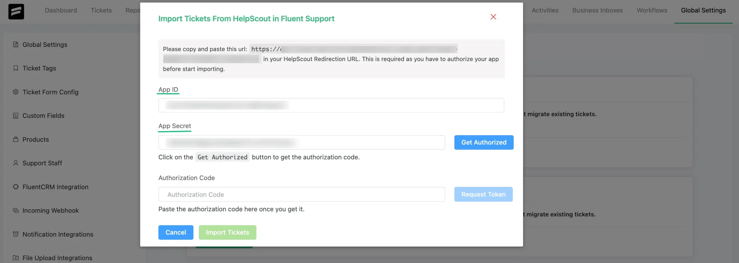 Import tickets from HelpScout popup in Fluent Support dashboard