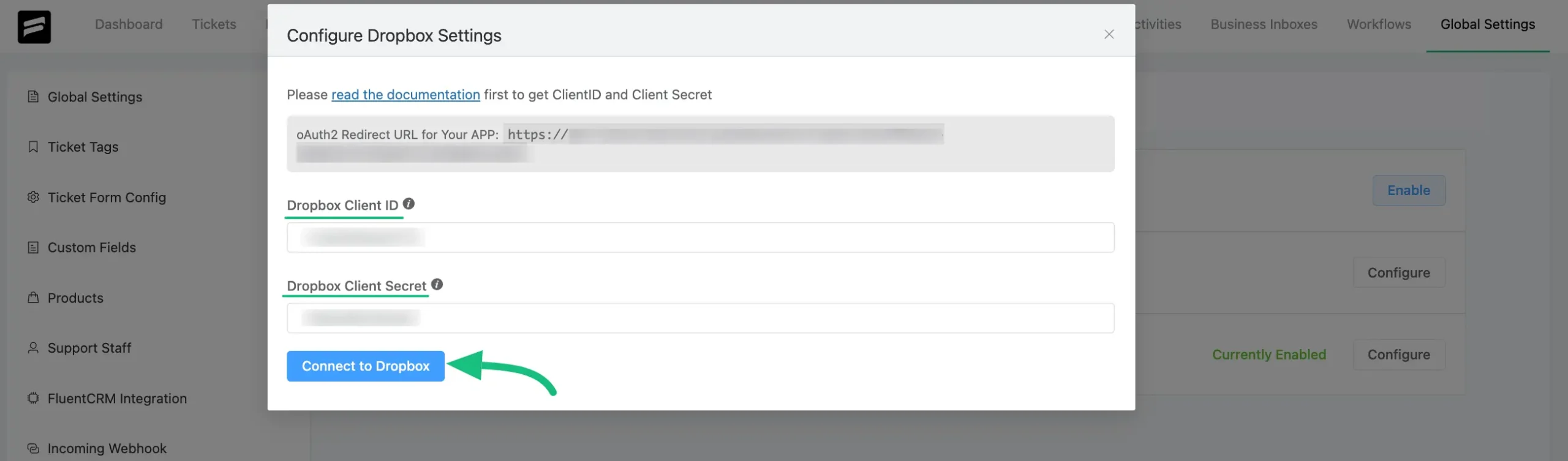 Client ID, Client Secret and Connect to Dropbox options