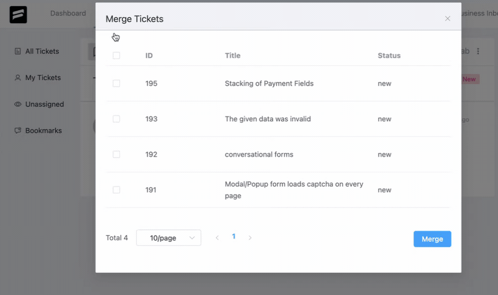 Select tickets for bulk actions