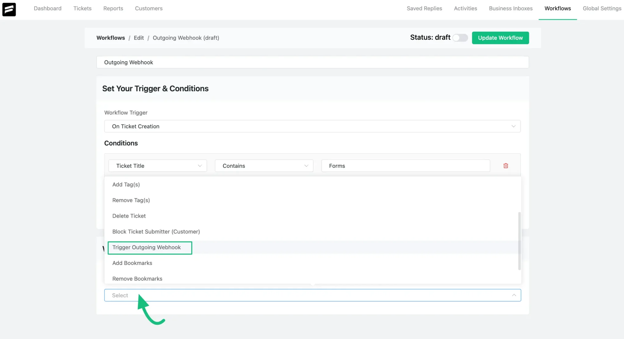 Fluent Support Workflow, Trigger Outgoing Webhook