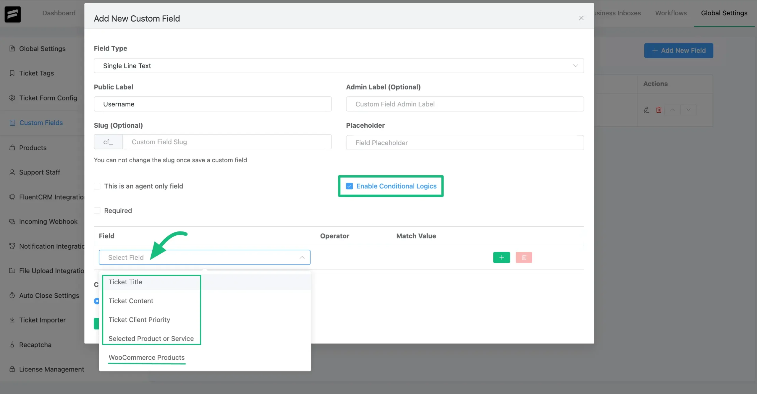 Options for setting conditional logics