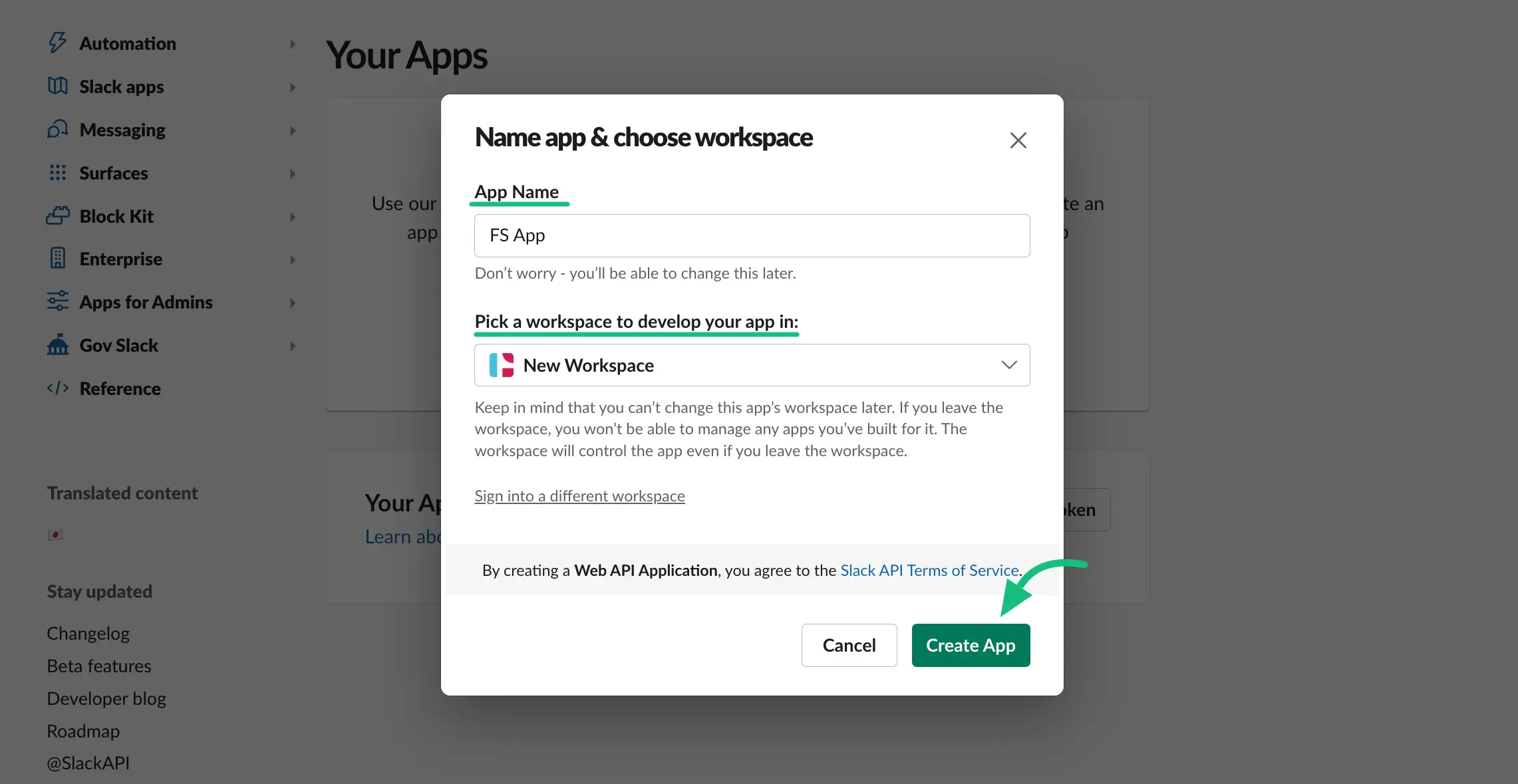 Create App popup