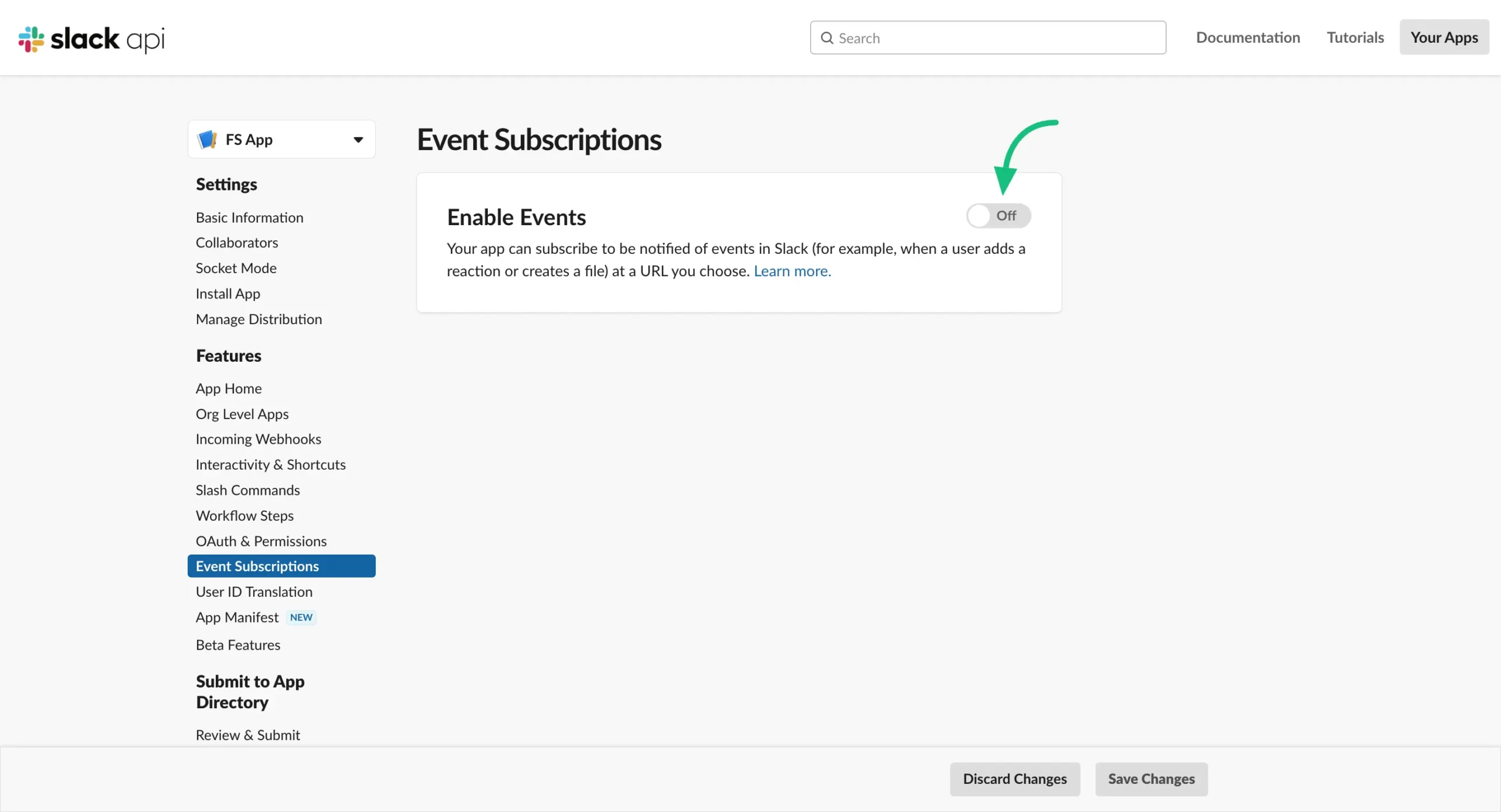 Enable events toggle