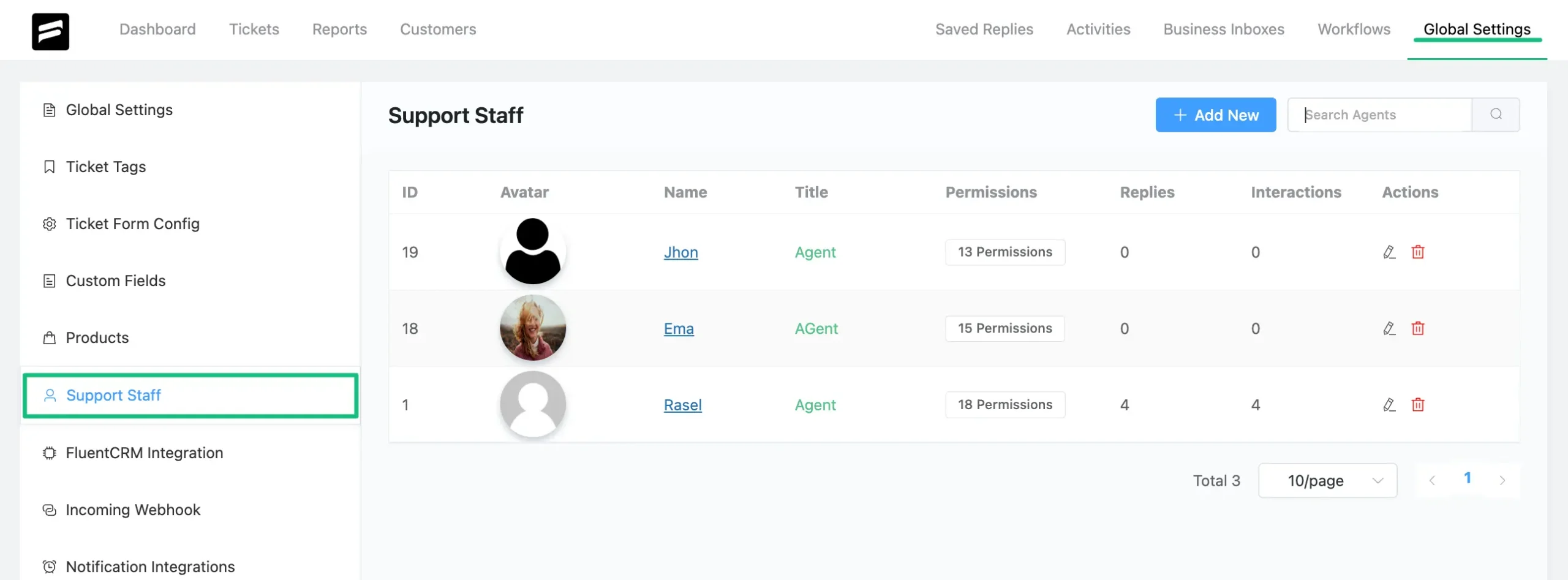 Support Staff from Global Settings of Fluent Support Dashboard
