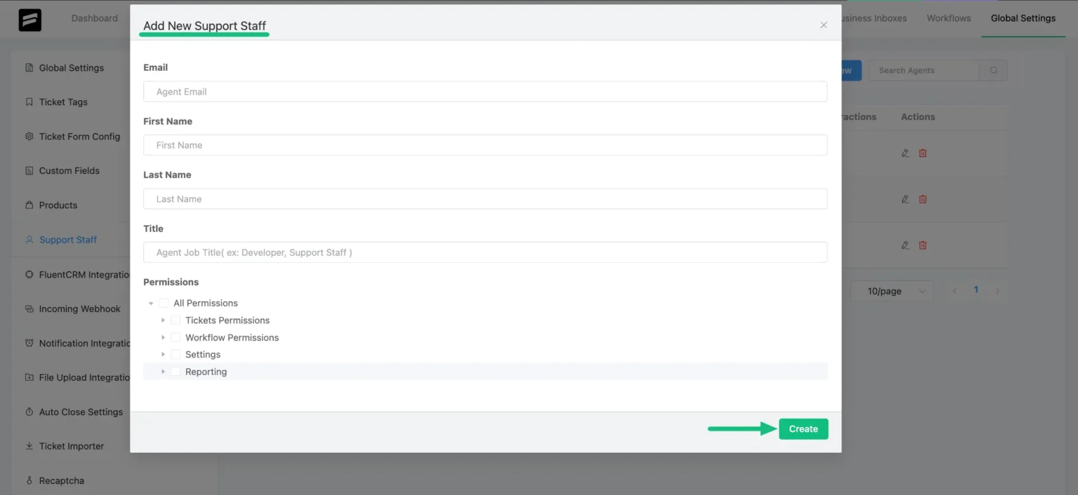 Support staff config popup