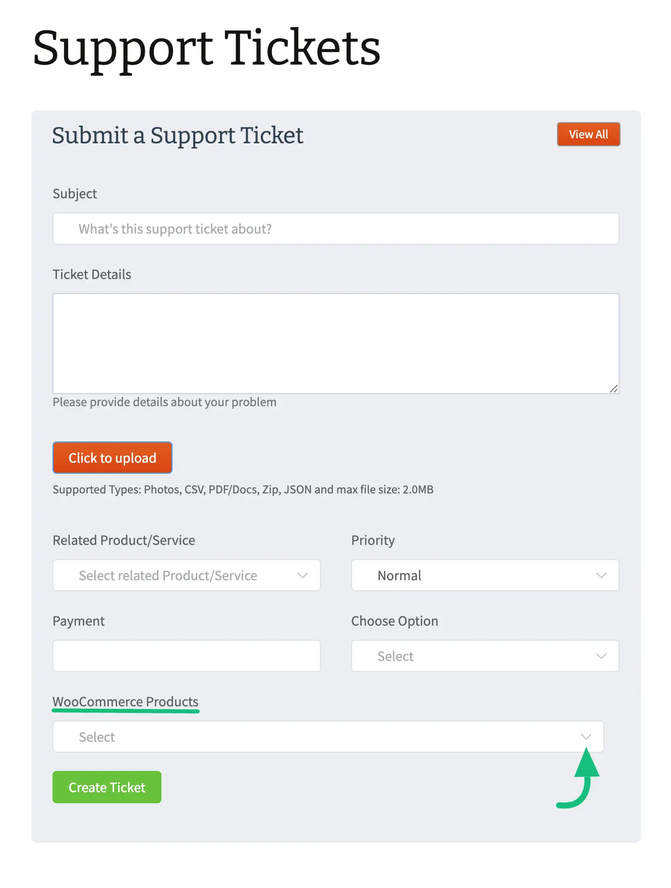 Preview of WooCommerce Custom Field in Support Portal