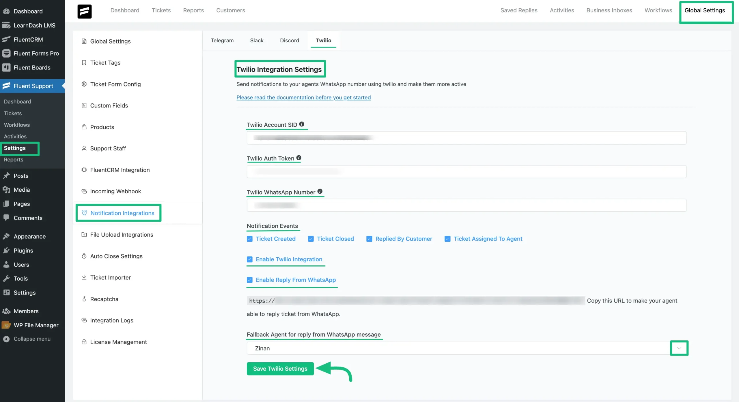 Twilio Integration Settings