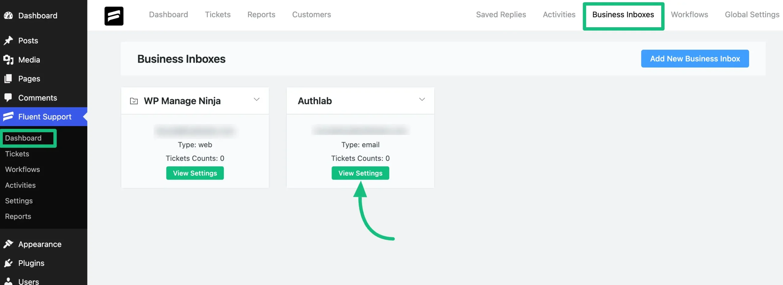 View settings from Fluent Support Dashboard