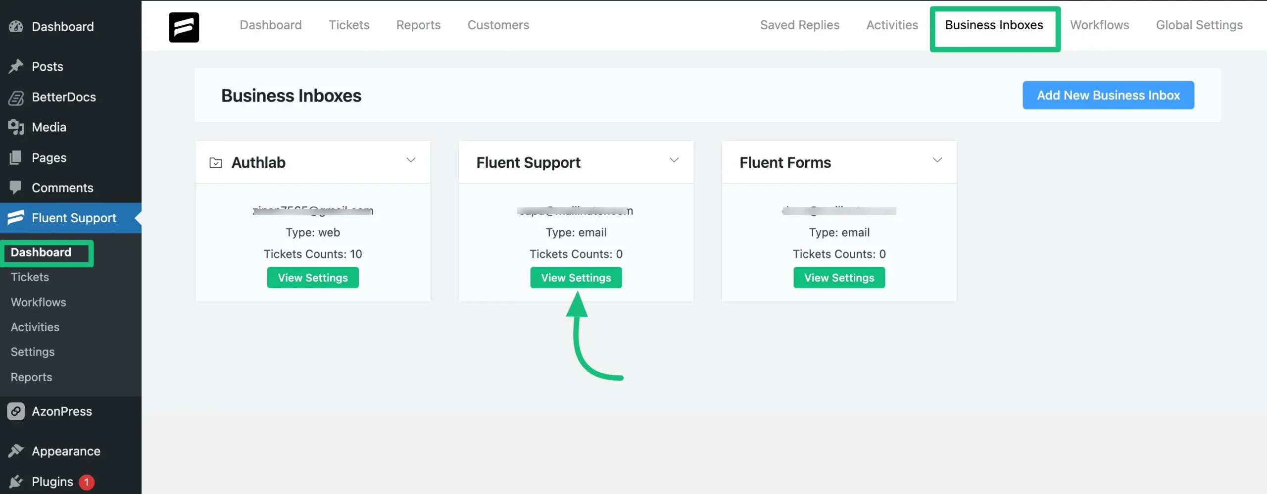 View the settings of a specific Business Inbox