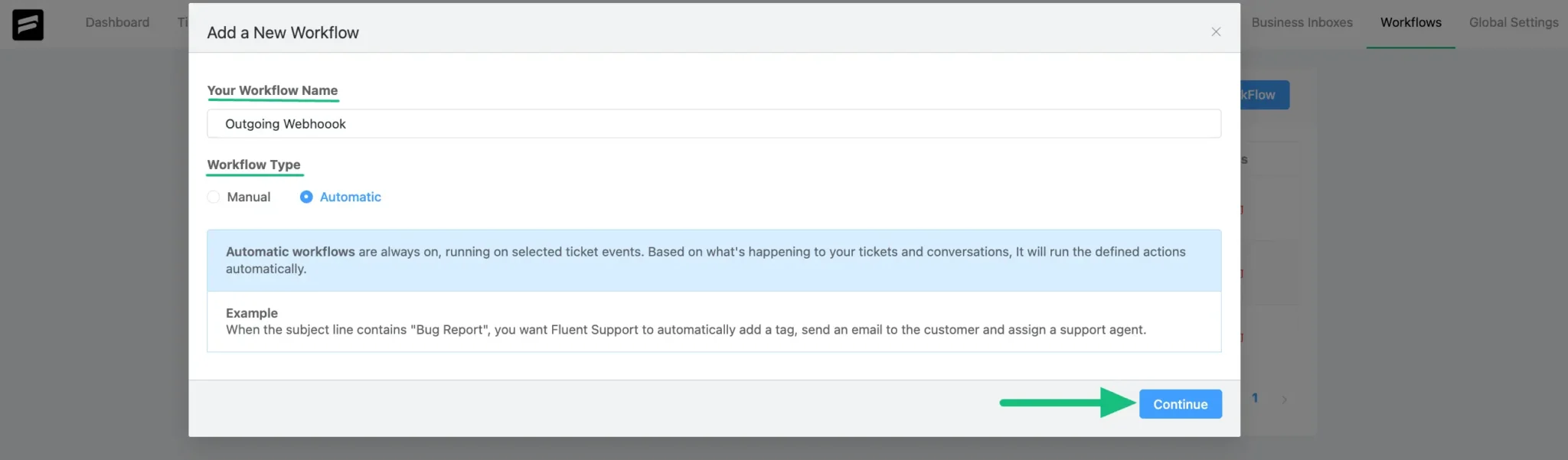 Fluent Support Workflow, outgoing webhook