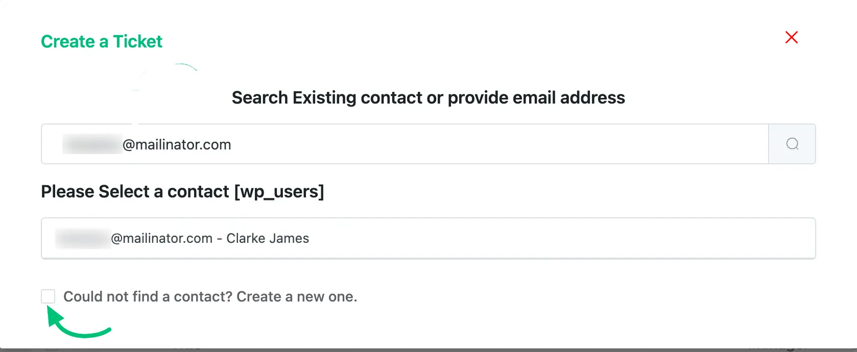Could not find a contact? Create a new one checkbox