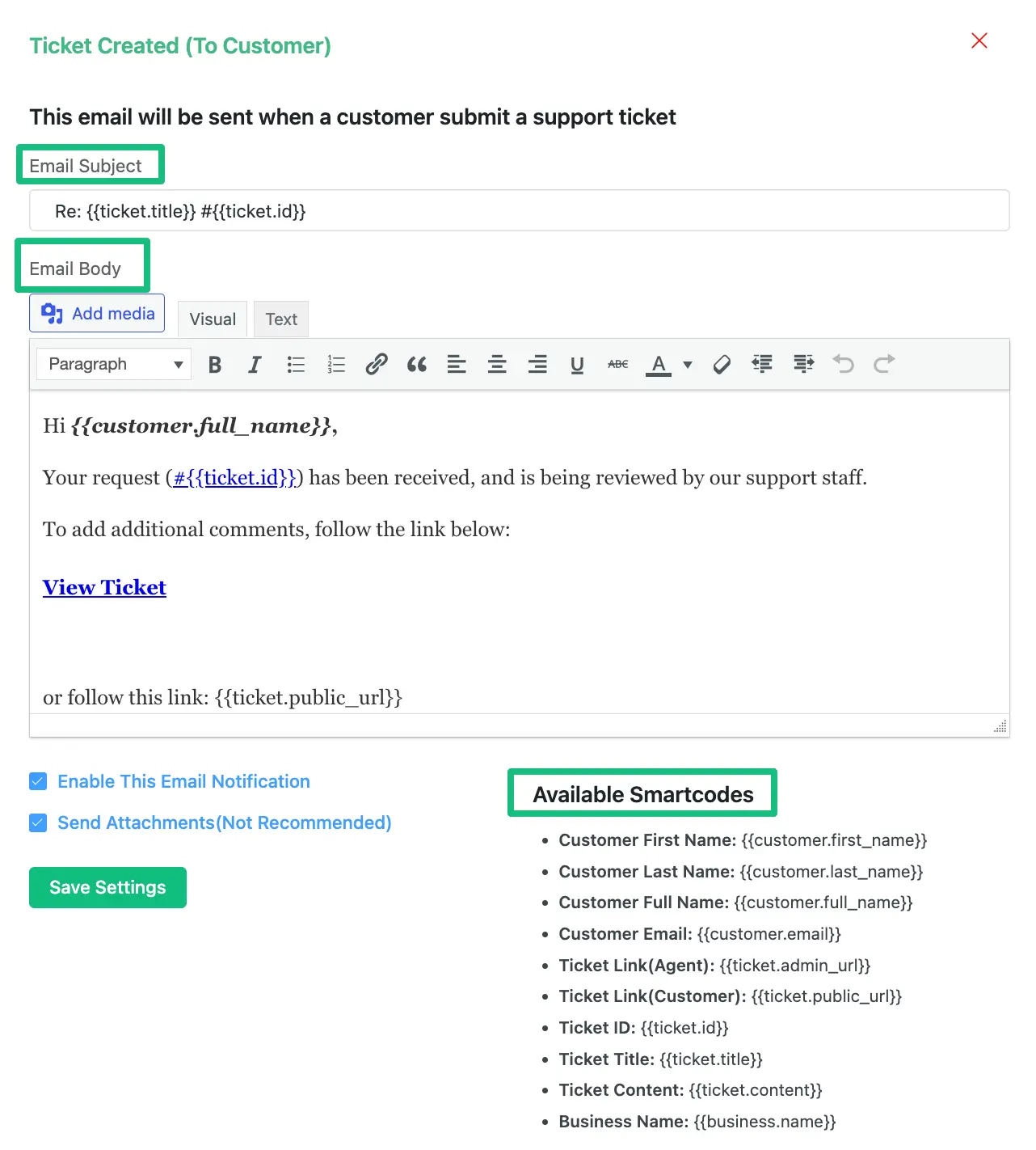 Customize your email subject & body using shortcode