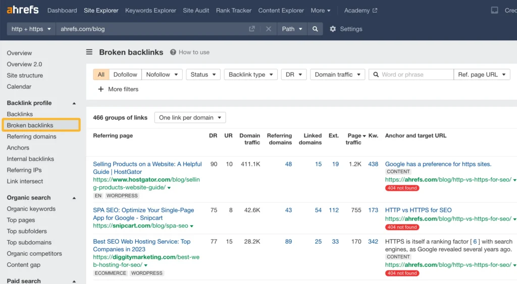 How to find broken backlinks using an SEO tool