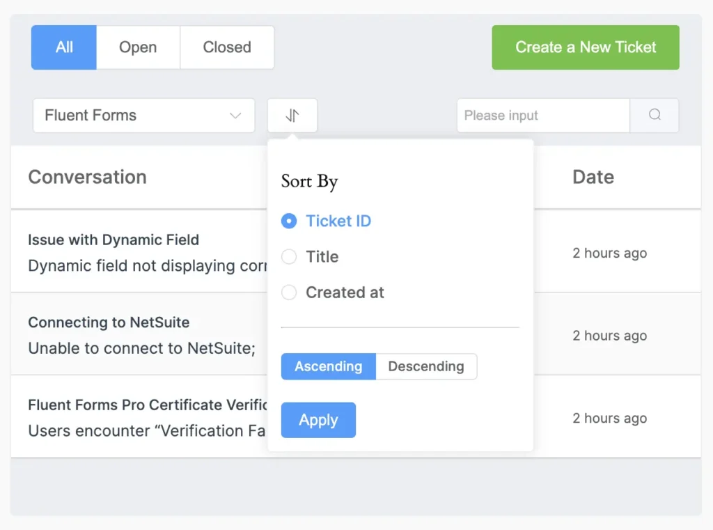 Ticket sorting in support portal