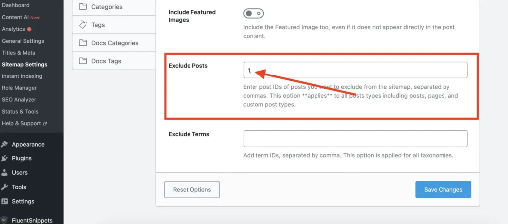 Rank math sitemap settiing, Exclude post