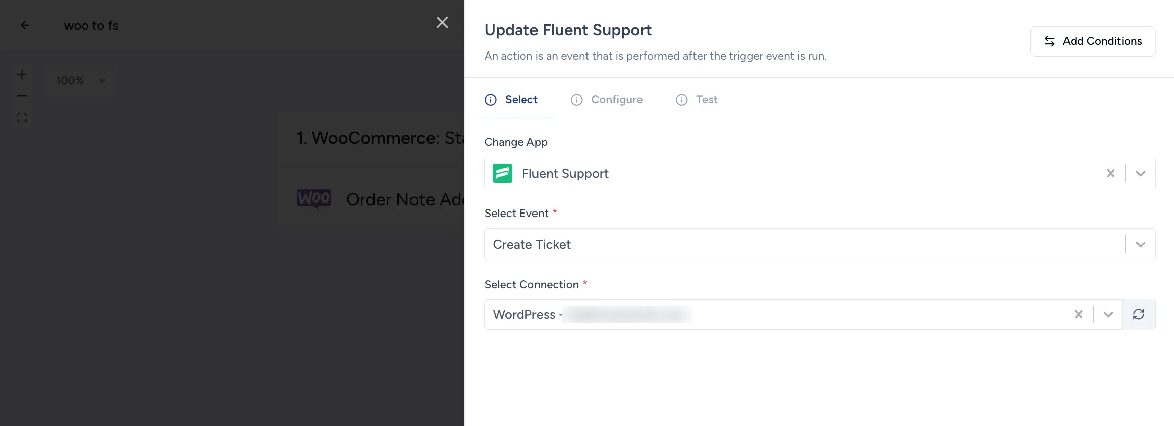 Select event & continue under Fluent Support action